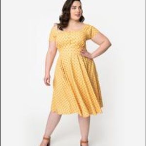 Mustard Ylw/Blk PolkaDot Swing Dress wCap Sleeve